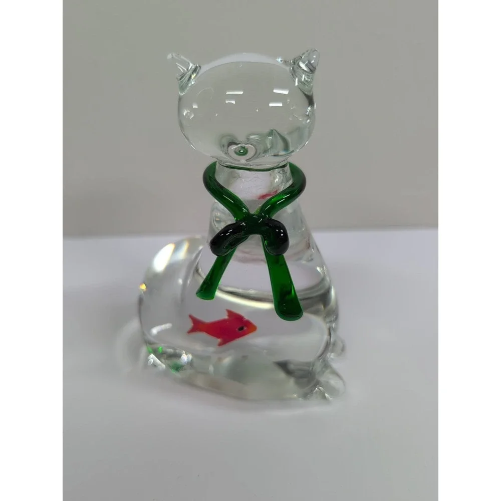 Studio Art Glass Cat with Red Fish in Belly Green Bow Figurine Paperweight 5